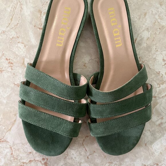 Ma'am Sz 10.5 (9.5) Moss Green Three Strap Suede Slides Made in USA - Picture 2 of 8